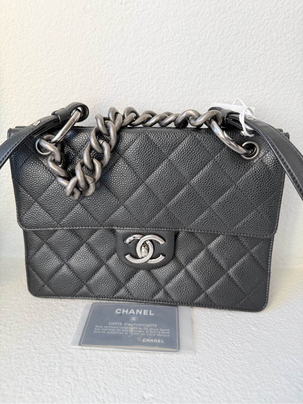 CHANEL Black Quilted Caviar Leather Bag Top Handle Crossbody + Removable Pouch